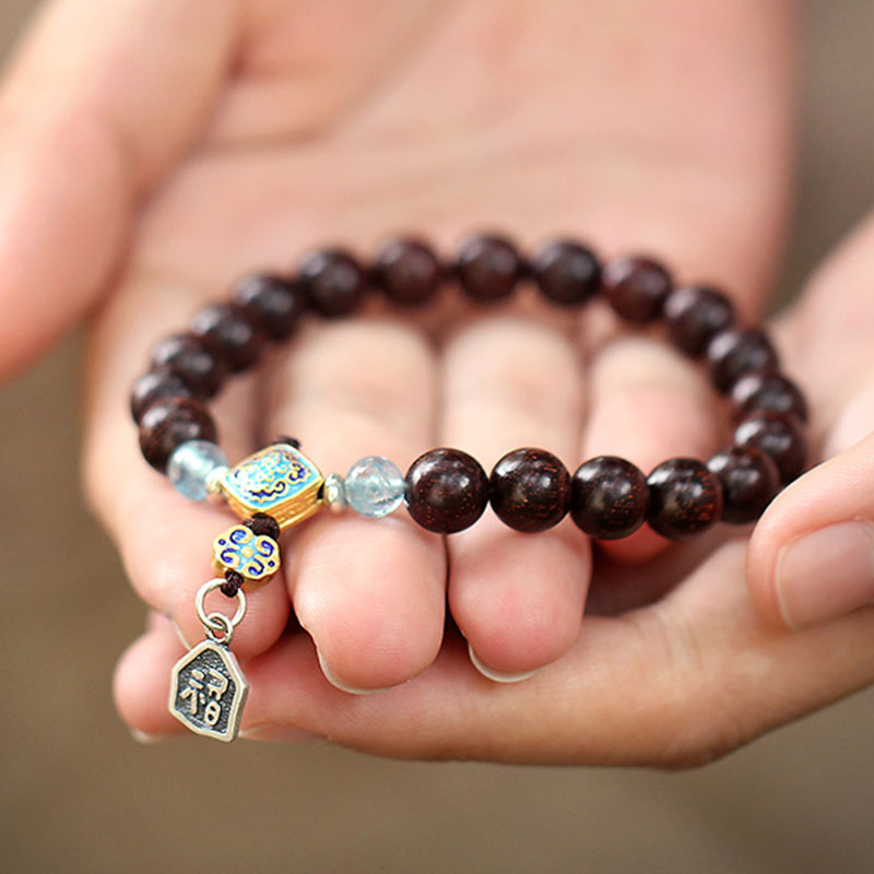 KarmaRipple's 925 Sterling Silver Indian Small Leaf Red Sandalwood Aquamarine Full of Gold Star Chinese Knotting Blessing Bracelet p7