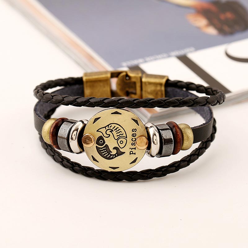 KarmaRipple's 12 Constellations of the Zodiac Hematite Leather Talisman Bracelet ( p13