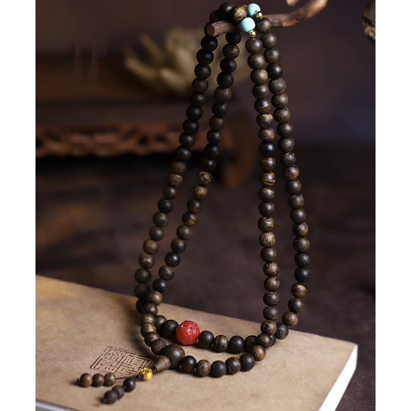 KarmaRipple's 108 Mala Beadwork Agarwood Red Agate Turquoise Peace Meditation Bracelet p11