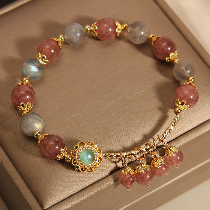 KarmaRipple's Strawberry Quartz Moonstone Balancing Tassel Talisman Bracelet p2