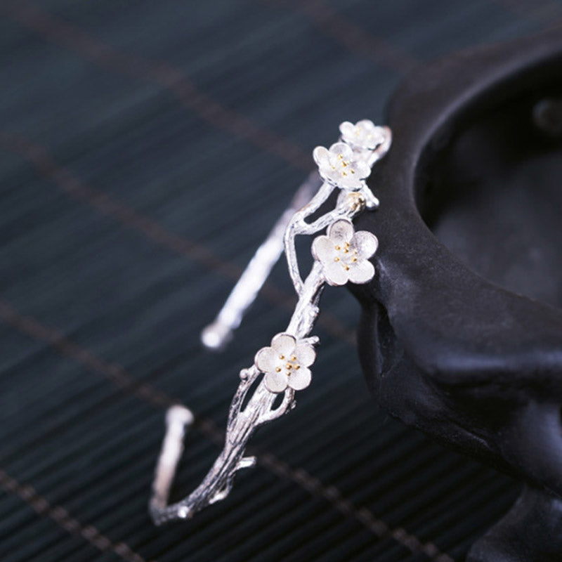KarmaRipple's 925 Sterling Silver Plum Flower Blessing Bracelet Adjustable Bangle p10