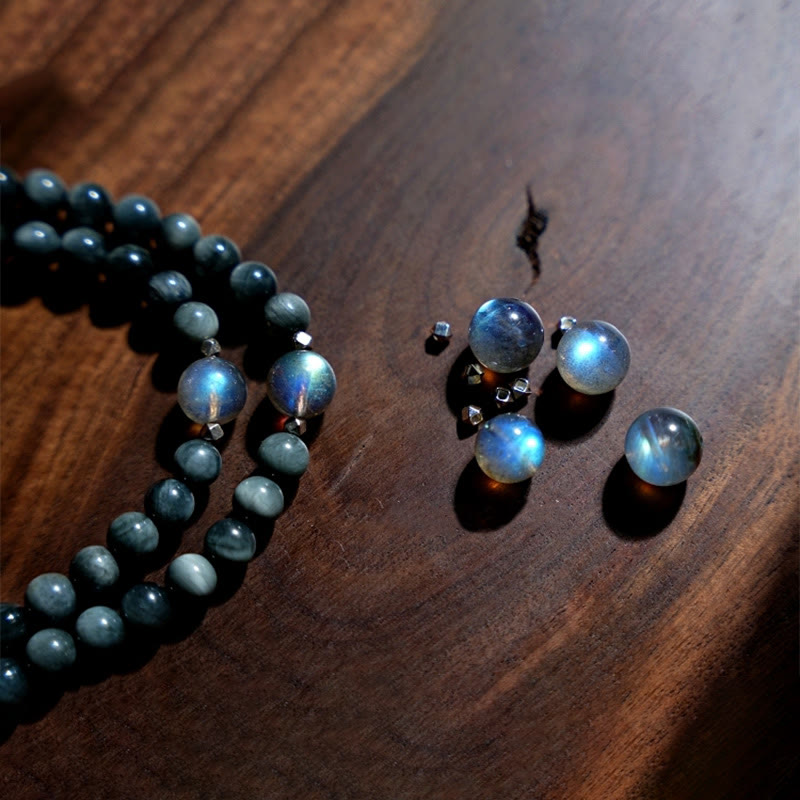 KarmaRipple's 925 Sterling Silver 108 Mala Beadwork Eagle's Eye Stone Moonstone'sitive Bracelet p10