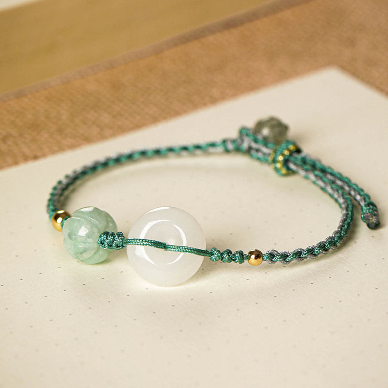 KarmaRipple's Ivory Jade Peace Buckle Pumpkin Bead Fortune Blessing Woven Bracelet p2