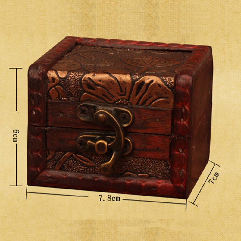 KarmaRipple's Retro Small Square Wood Jewelry Box Lotus Grass Flower Grape Bronze Coin Daffodil Jewelry Storage Box p12