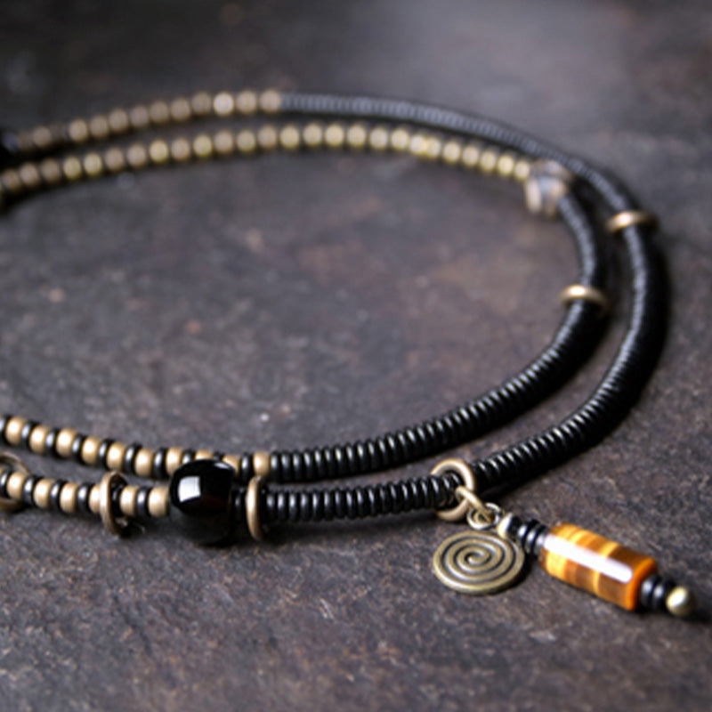KarmaRipple's Ebony Wood Dzi Bead Bronze Peace Pair Bracelet Pendant Necklace p9