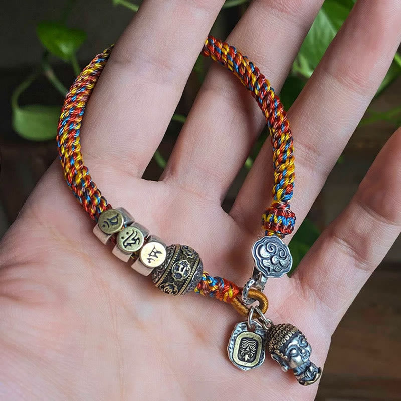 KarmaRipple's Handmade Tibetan 925 Sterling Silver Chinese Zodiac Natal Buddha Zakiram Goddess of Wealth Protection Multicolored Rope Woven Bracelet p21