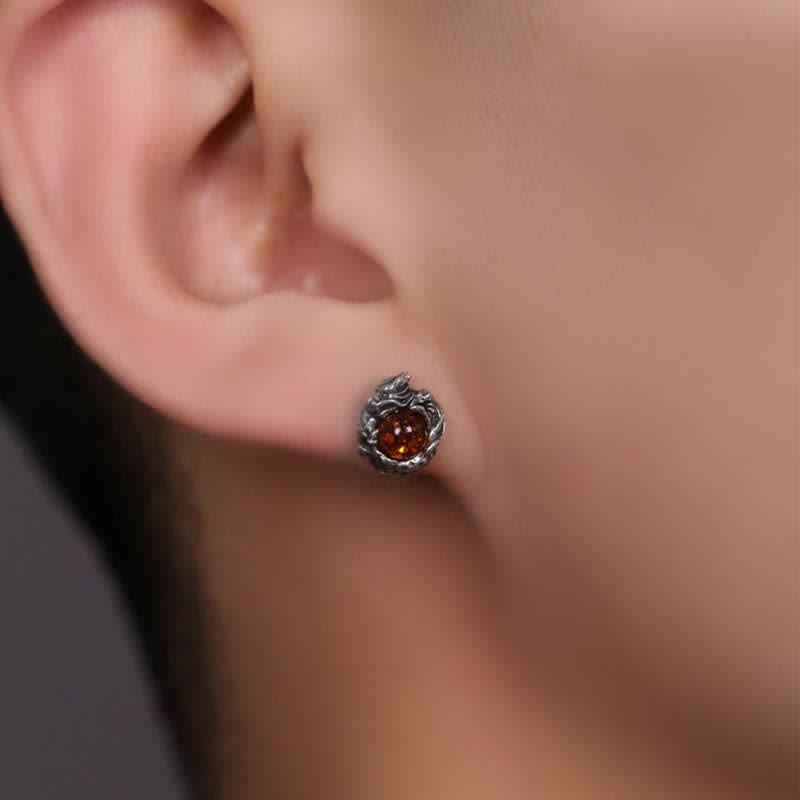 KarmaRipple's 925 Sterling Silver Authentic Amber Dragon Success Protection Stud Earring p5