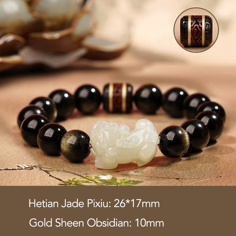 KarmaRipple's Authentic Gold Sheen Obsidian Hetian Cyan Jade Ivory Jade PiXiu Wealth Bracelet p4