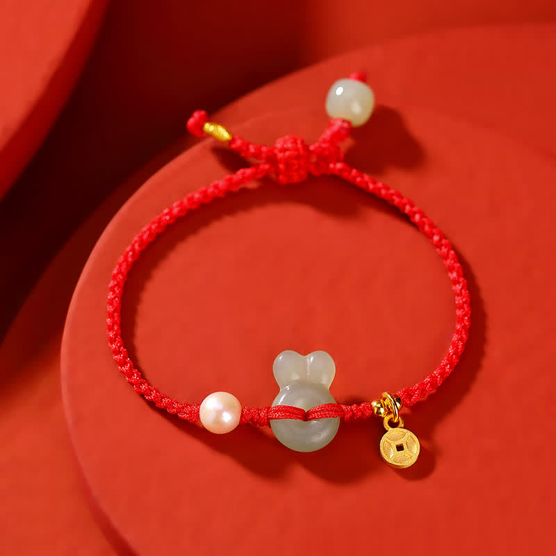 KarmaRipple's 925 Sterling Silver Year of the Rabbit Hetian Jade Bronze Coin Wealth Red String Bracelet p3