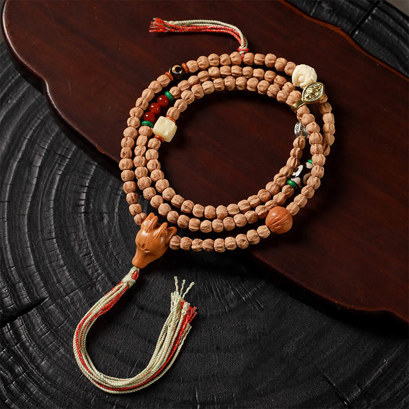 KarmaRipple's 108 Beadwork Bodhi Seed Red Agate Deer Head Wisdom Mala Bracelet p17