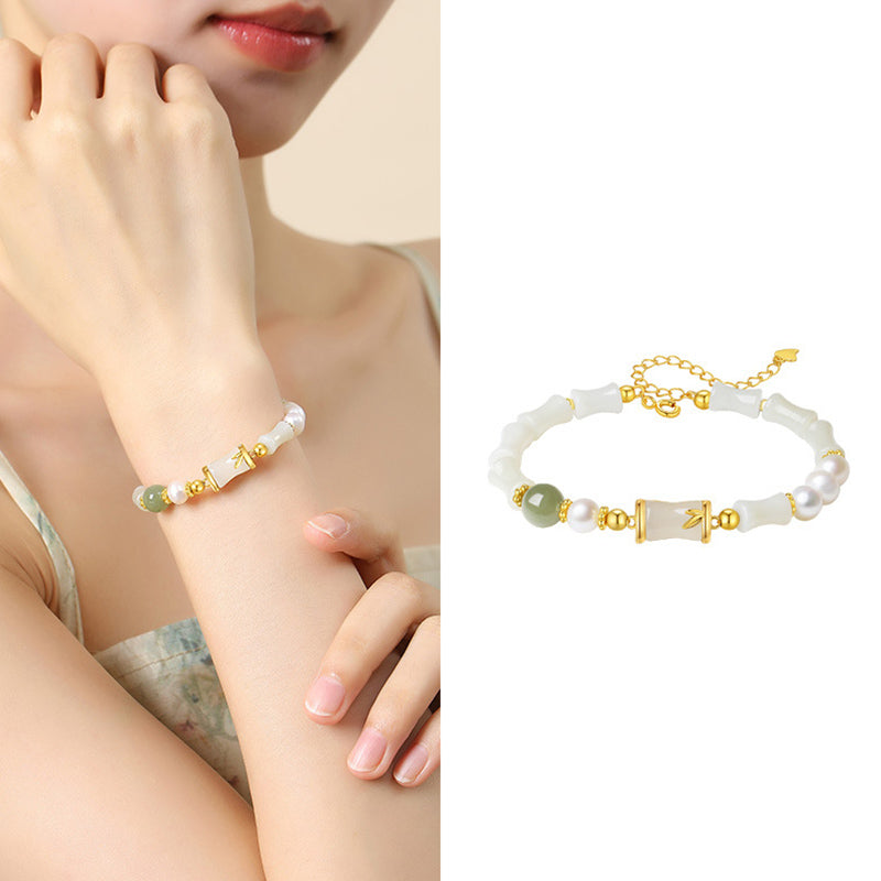 KarmaRipple's 925 Sterling Silver Authentic Hetian Ivory Jade Bamboo Fortune Blessing Bracelet p9