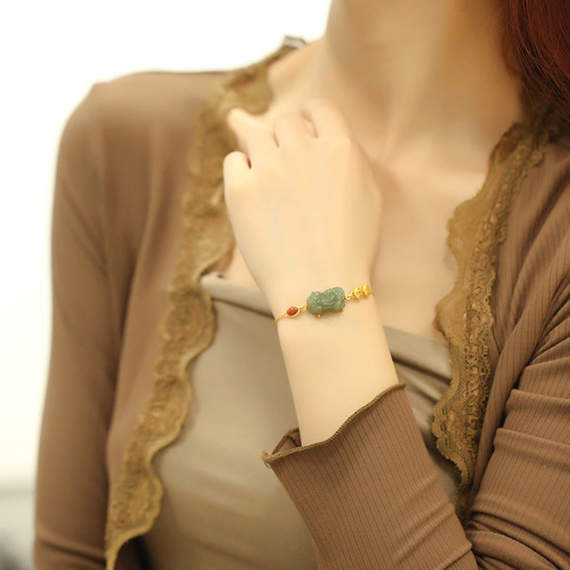 KarmaRipple's Cyan Jade PiXiu Bronze Coin Red Agate Success Chain Bracelet p6