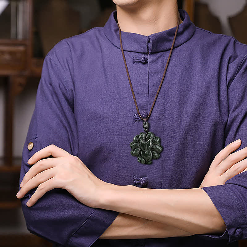 KarmaRipple's Hetian Cyan Jade Nine Tailed Fox Fortune Pendant String Necklace p3