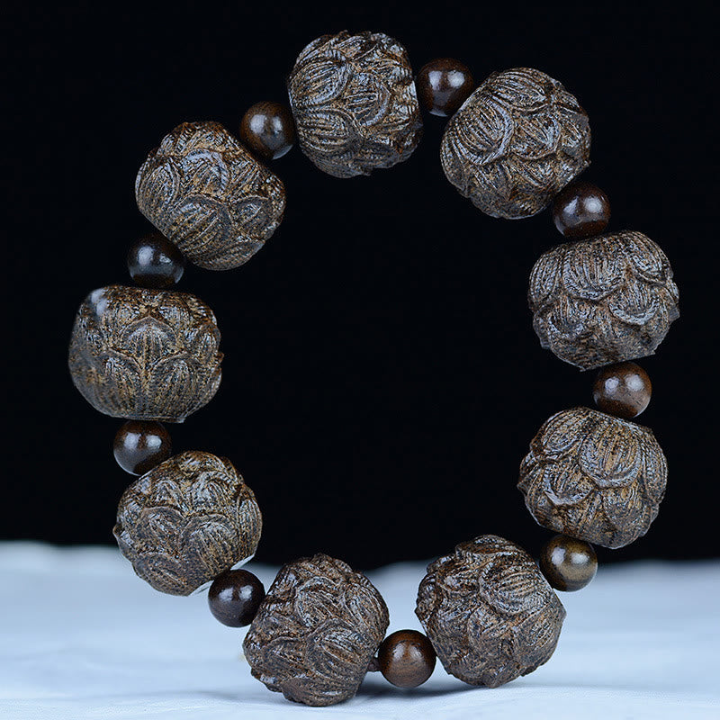 KarmaRipple's Ebony Wood Eighteen Arhats Lotus Dragon Engraved Balance Bracelet p19