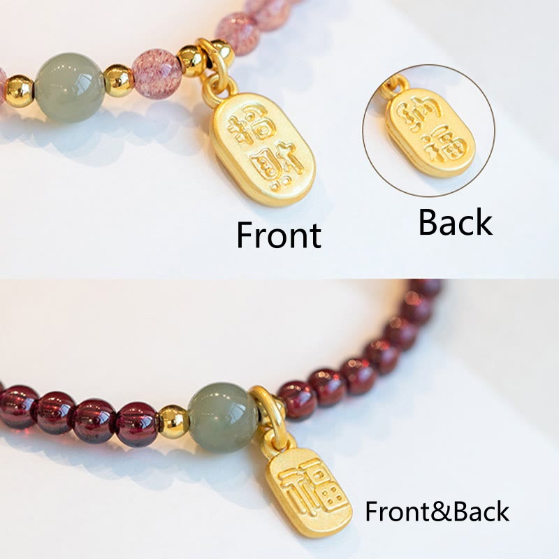 KarmaRipple's Authentic Strawberry Quartz Garnet Jade Fortunate Fortune Fu Character Balancing Talisman Bracelet p18