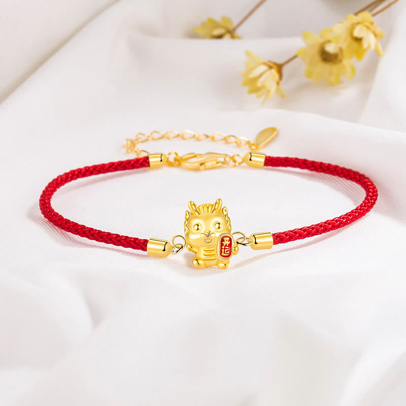 KarmaRipple's 925 Sterling Silver Year Of The Dragon Fortunate Golden Dragon Strength Red Rope Chain Bracelet p1