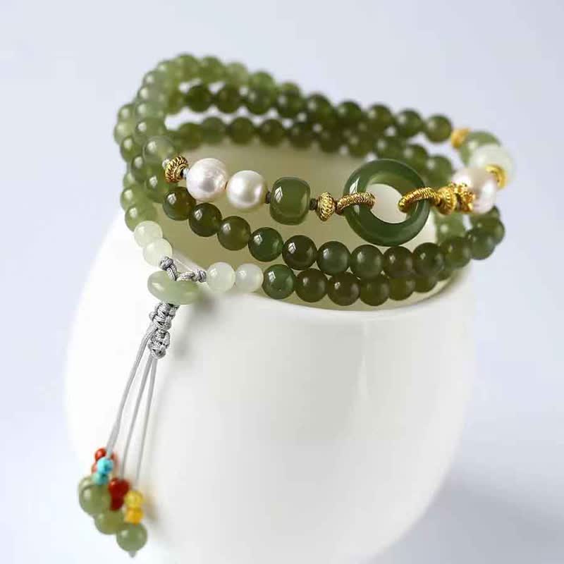 KarmaRipple's Hetian Jade Pearl Peace Buckle Fortune Wealth String Bracelet p1