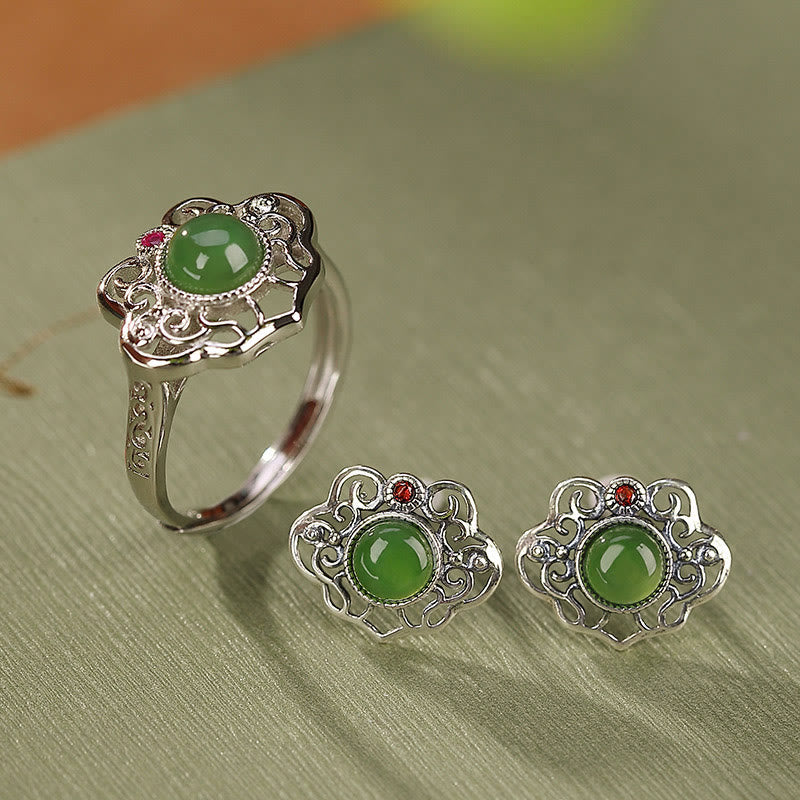 KarmaRipple's 925 Sterling Silver Authentic Hetian Cyan Jade Hollow Design Fortune Ring Earrings Set p1