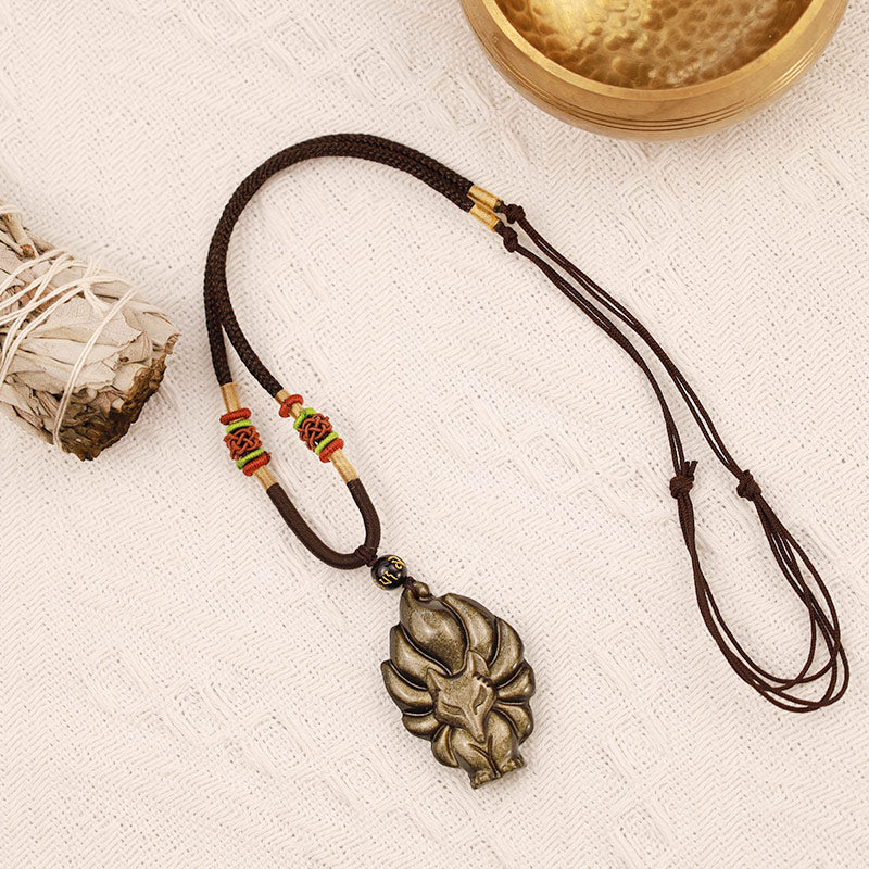 KarmaRipple's Authentic Rainbow Obsidian Gold Sheen Obsidian Nine Tailed Fox Positive Pendant Necklace p16