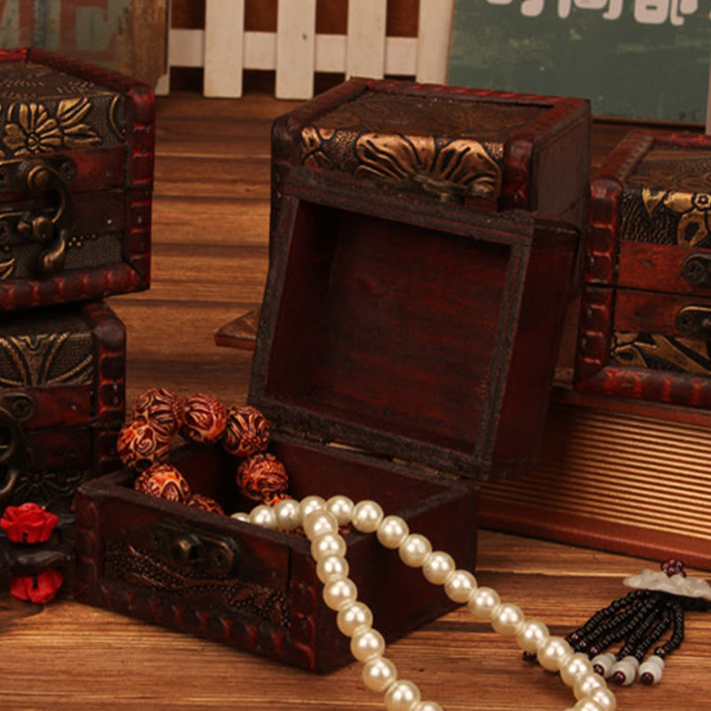 KarmaRipple's Retro Small Square Wood Jewelry Box Lotus Grass Flower Grape Bronze Coin Daffodil Jewelry Storage Box p24