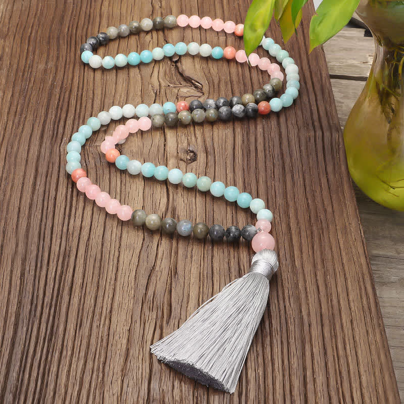 KarmaRipple's 108 Mala Beadwork Amazonite Black Glitter Stone'sitive Tassel Bracelet ( p16