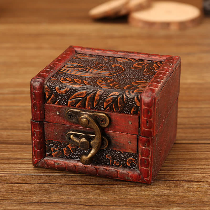 KarmaRipple's Retro Small Square Wood Jewelry Box Lotus Grass Flower Grape Bronze Coin Daffodil Jewelry Storage Box p36