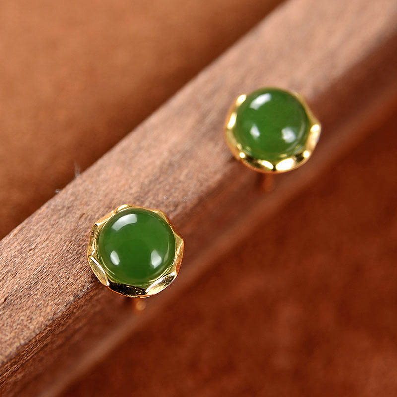 KarmaRipple's 925 Sterling Silver Plated Gold Authentic Hetian Cyan Jade Bead Fortune Stud Earrings p3