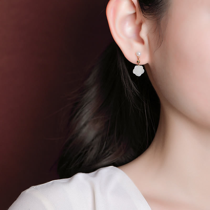 KarmaRipple's 925 Sterling Silver Plated Gold Jade Rose Flower Cyan Jade Pearl Fortune Earrings p7