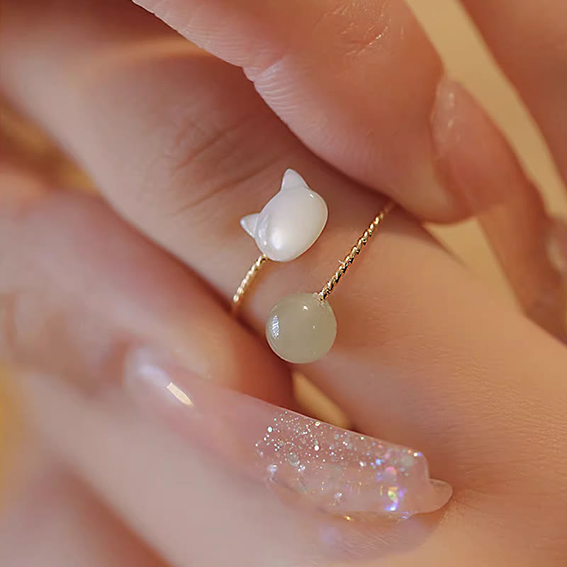 KarmaRipple's Tridacna Stone Cat Head Jade Bead Blessing Ring p6