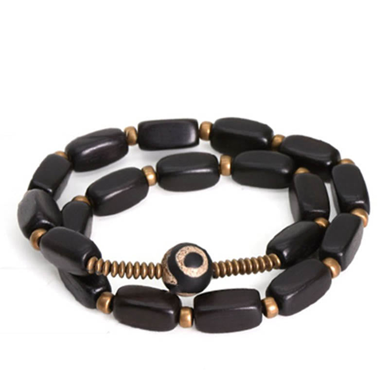 KarmaRipple's Tibet Ebony Wood Dzi Bead Bronze Balance Double Wrap Bracelet p7