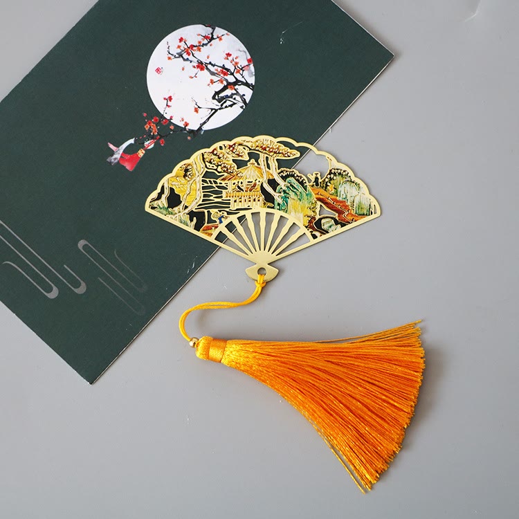 KarmaRipple's Traditional Butterfly Lotus Flower Crane Dragon Phoenix Fox Koi Fish New Beginning Metal Brass Hollow Fan Bookmarks p44