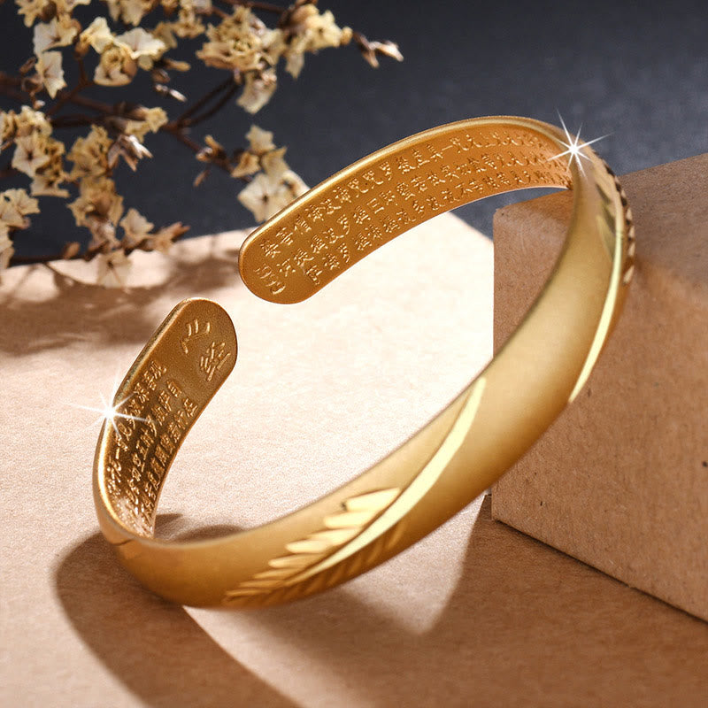 KarmaRipple's Feather Heart Sutra Engraved Pattern Wealth Bronze Cuff Bracelet Bangle p5