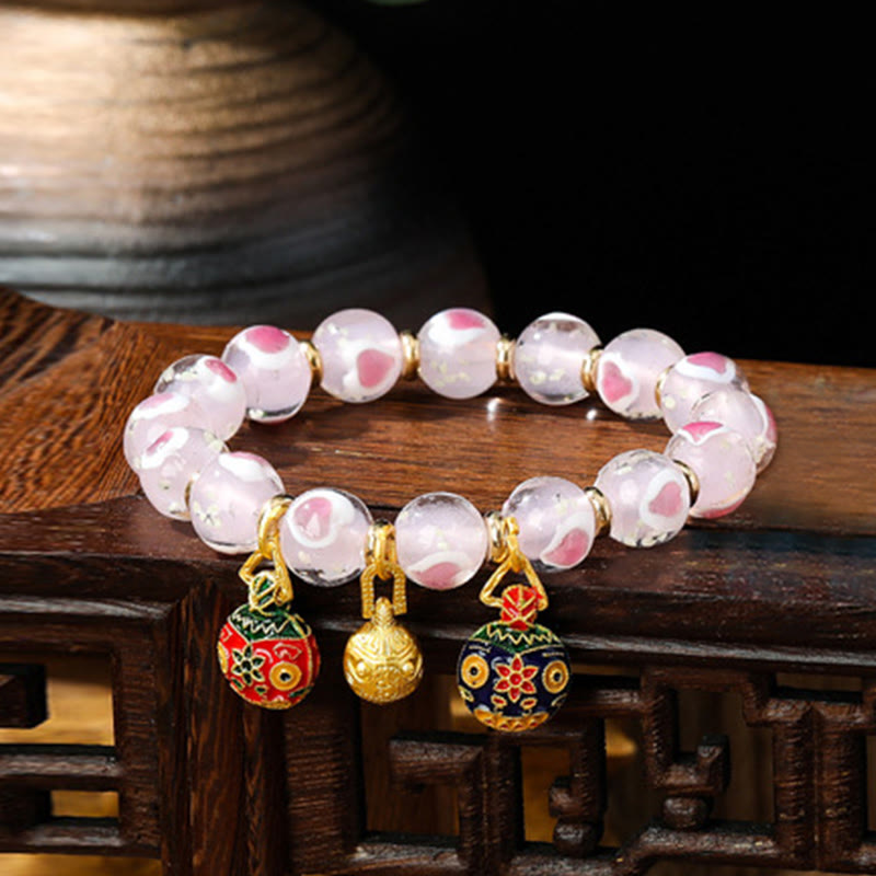 KarmaRipple's Gold Swallowing Beast Family Pink Love Heart Luminous Fluorescent Liuli Glass Bead Bracelet p9