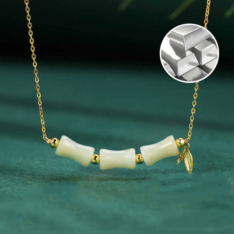 KarmaRipple's 925 Sterling Silver Hetian Jade Bamboo Fu Character Prosperity Pendant Necklace Bracelet p9