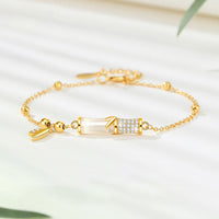 KarmaRipple's 925 Sterling Silver 18K Gold Plated Ivory Jade Bamboo Zircon Leaf Fortune Bracelet