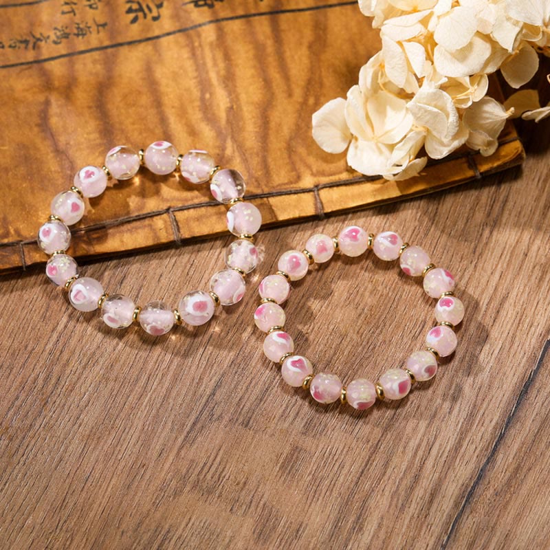 KarmaRipple's Gold Swallowing Beast Family Talisman Luminous Pink Love Heart Fluorescent Liuli Glass Bead Blessings Bracelet p8
