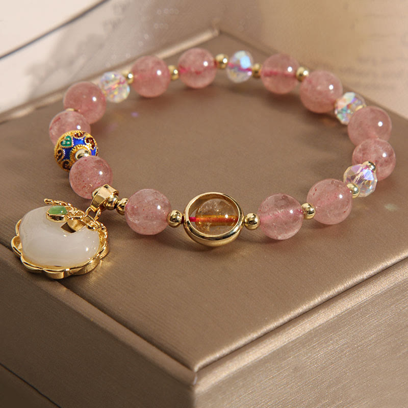 KarmaRipple's Strawberry Quartz Green Gemstone Amethyst Balancing Chinese Lock Talisman Bracelet p6