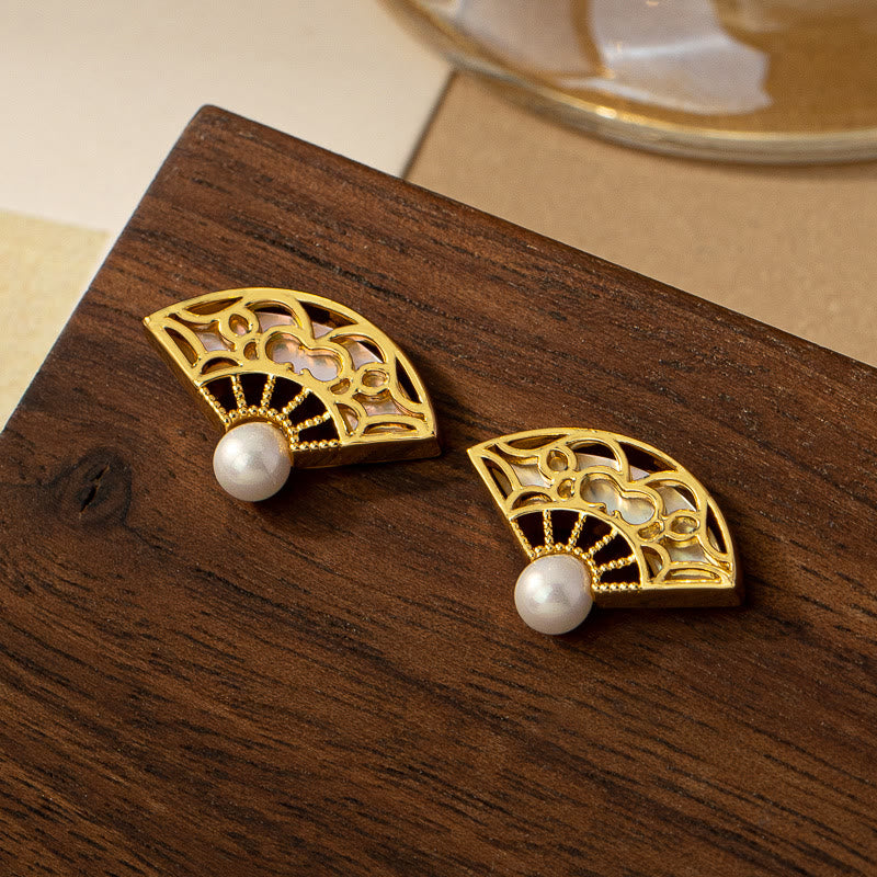 KarmaRipple's 925 Sterling Silver Posts Fan Pattern Pearl Bronze Wisdom Stud Drop Earrings p1