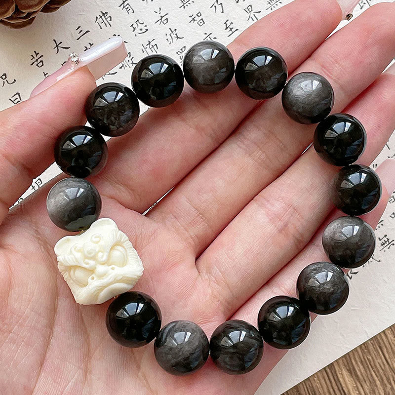 KarmaRipple's Silver Sheen Obsidian Bodhi Seed Ivory Fruit Dancing Lion Protection Bracelet p7