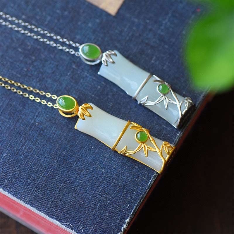 KarmaRipple's Ivory Jade Cyan Jade Bamboo Protection Pendant Necklace p12
