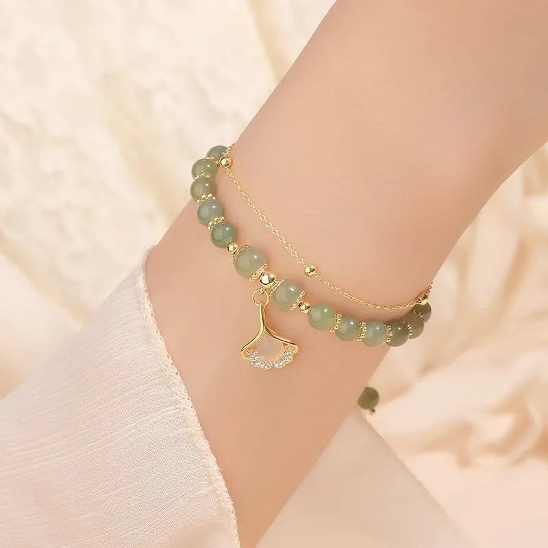 KarmaRipple's Jade Leaf Ginkgo Tulip Peanut Fu Character Fortune Beaded Bracelet p15