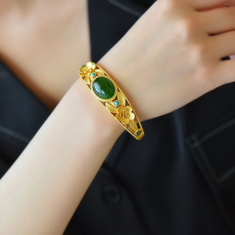 KarmaRipple's Cyan Jade Ivory Jade Flower Leaf Balance Fortune Bracelet Bangle p4