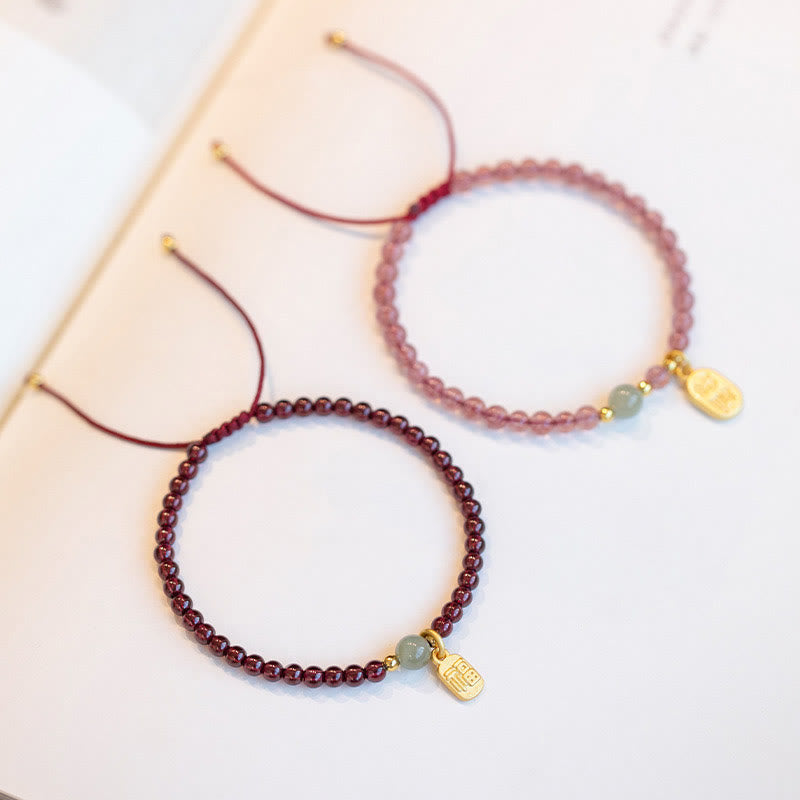 KarmaRipple's Authentic Strawberry Quartz Garnet Jade Fortunate Fortune Fu Character Balancing Talisman Bracelet p3