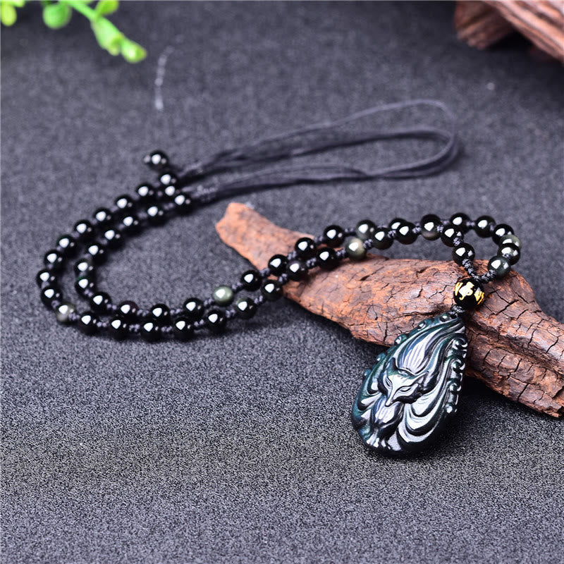 KarmaRipple's Authentic Rainbow Obsidian Nine Tailed Fox Inner Peace Pendant Beaded String Necklace p7