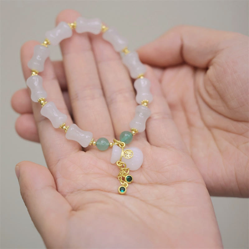 KarmaRipple's Authentic Ivory Golden Silk Jade Bamboo Pattern Wealth Fortunate Bag Fu Character Bracelet p7