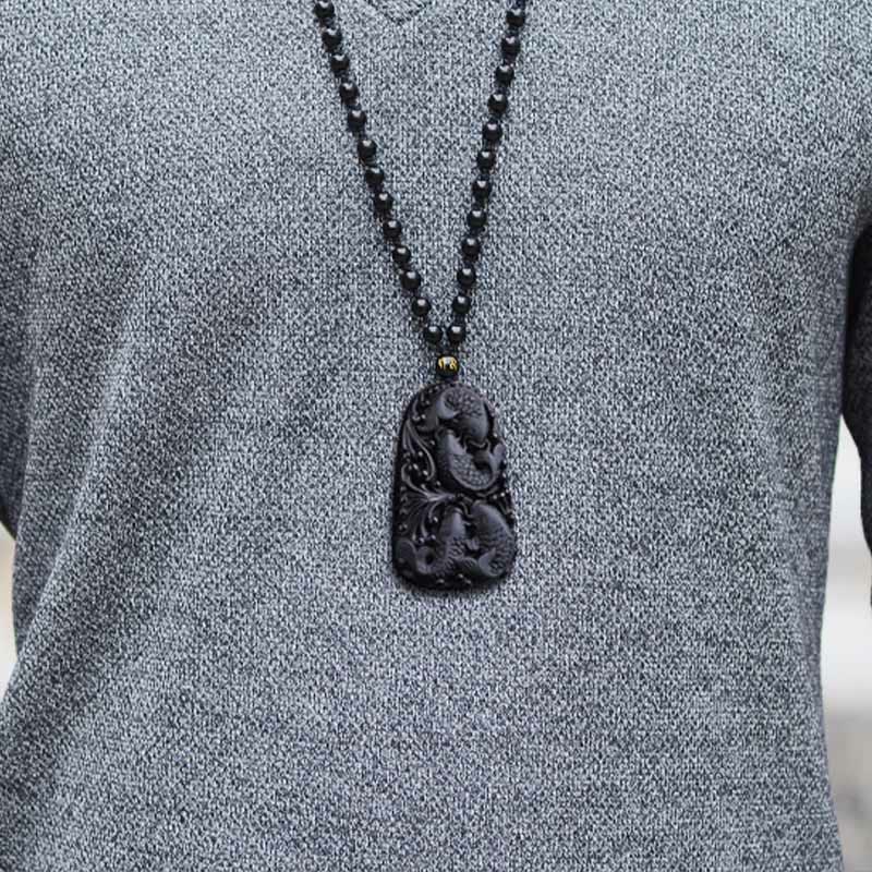 KarmaRipple's Black Obsidian Koi Fish Engraved Strength Beaded Pendant Necklace p17