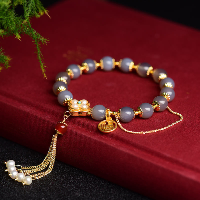 KarmaRipple's Authentic Gray Agate Fu Character Pearl Tassel Balance Bracelet p8