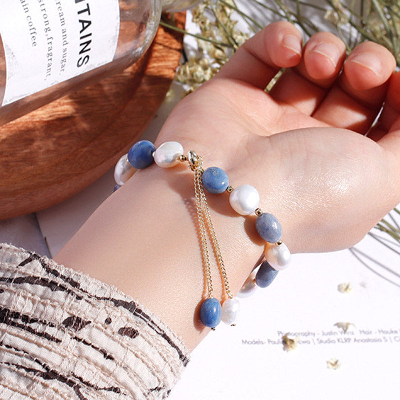 KarmaRipple's Authentic Blue Aventurine Gemstone Pearl Bead Balancing Bracelet p7