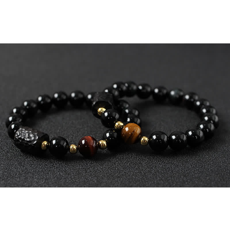 KarmaRipple's Black Obsidian Ebony Wood Red Tiger Eye Strength Pair Bracelet p19