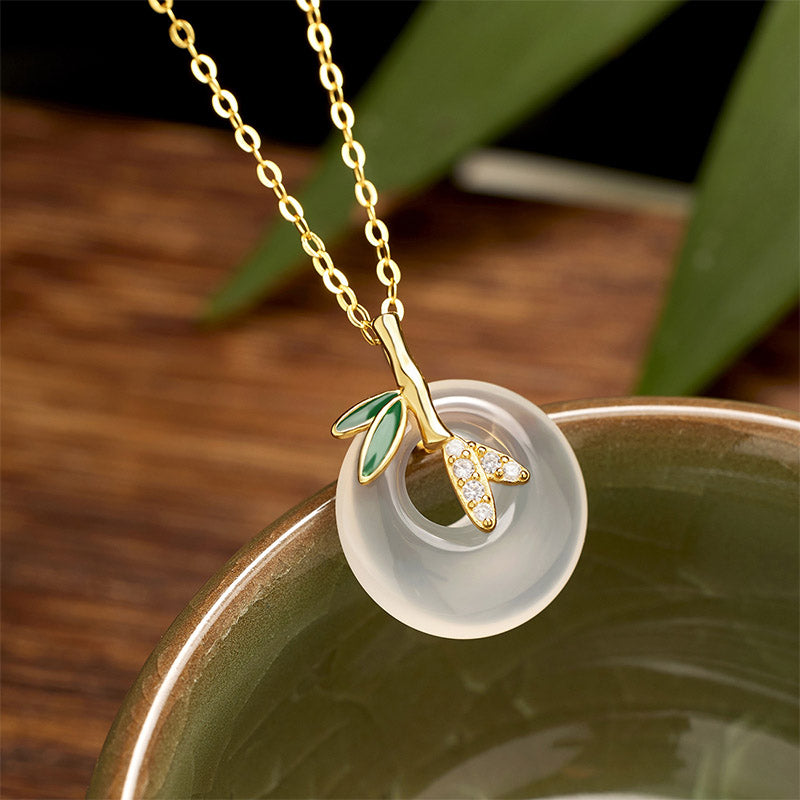 KarmaRipple's 925 Sterling Silver Authentic Chalcedony Bamboo Leaf Peace Buckle Positive Pendant Necklace ( p3